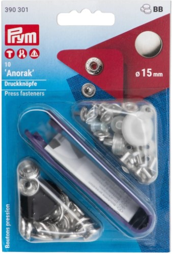 Prym Anorak Snaps 15mm silver with tools 10pc