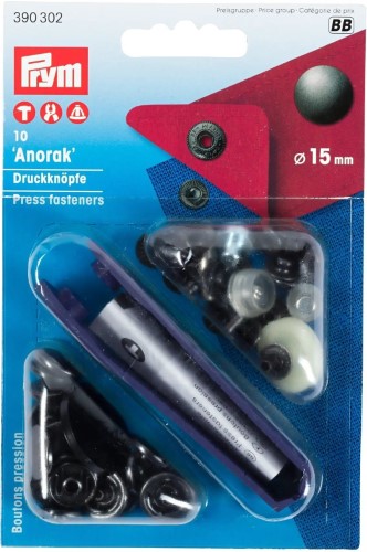 Prym Anorak Snaps 15mm black oxidized with tools 10pc