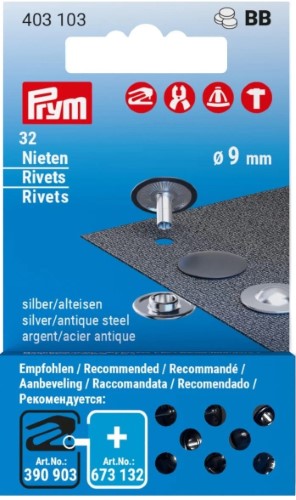 Prym rivets 9mm refill silver/antique steel 32pc