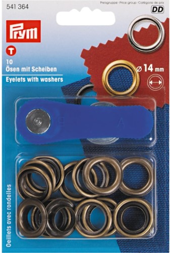 Prym Eyelets with washers 14mm antique brass with tools 10pc